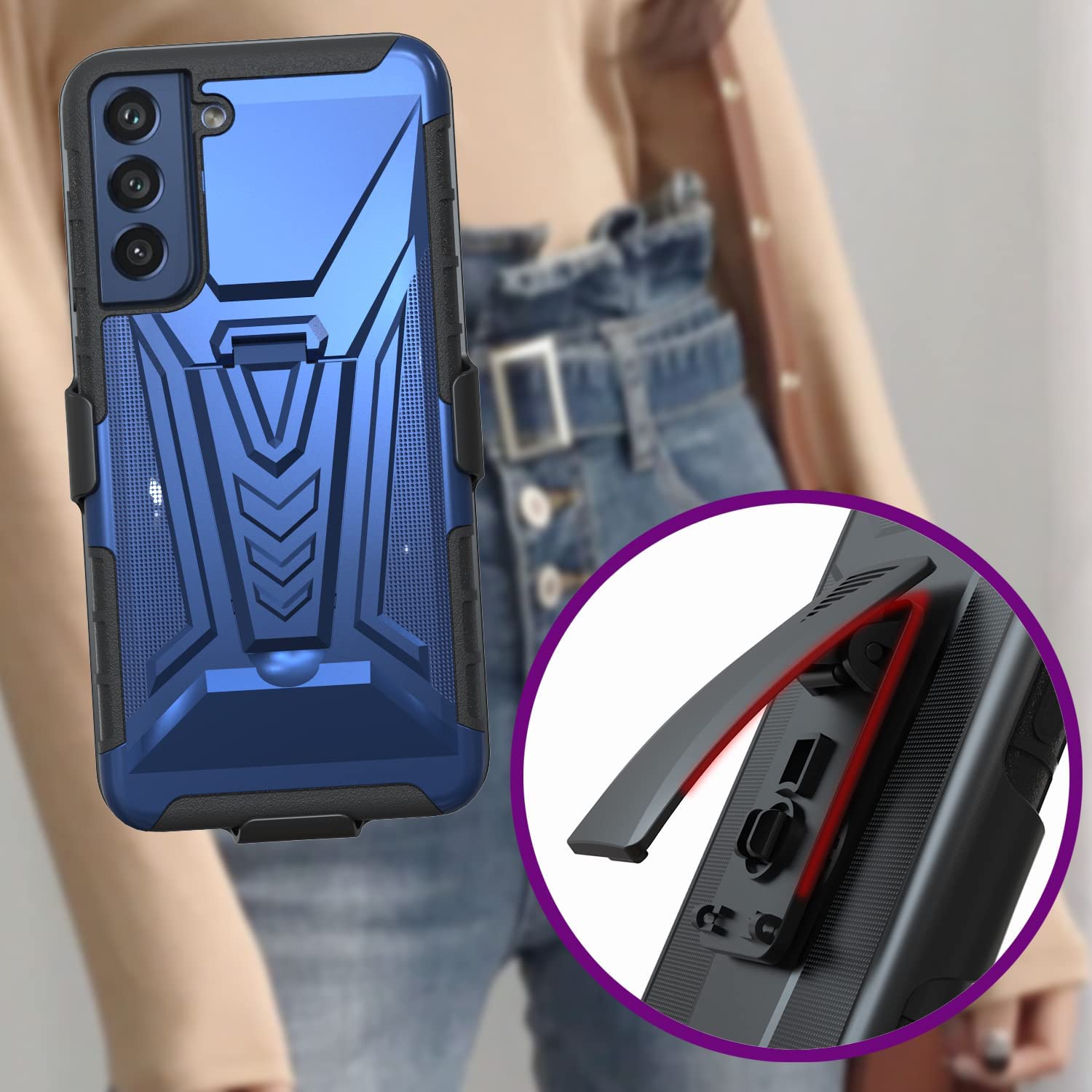 HD Accessory 3-IN-1 Advanced Armor Hybrid Case with Belt Clip Holster for Samsung Galaxy S21 FE 5G - Blue