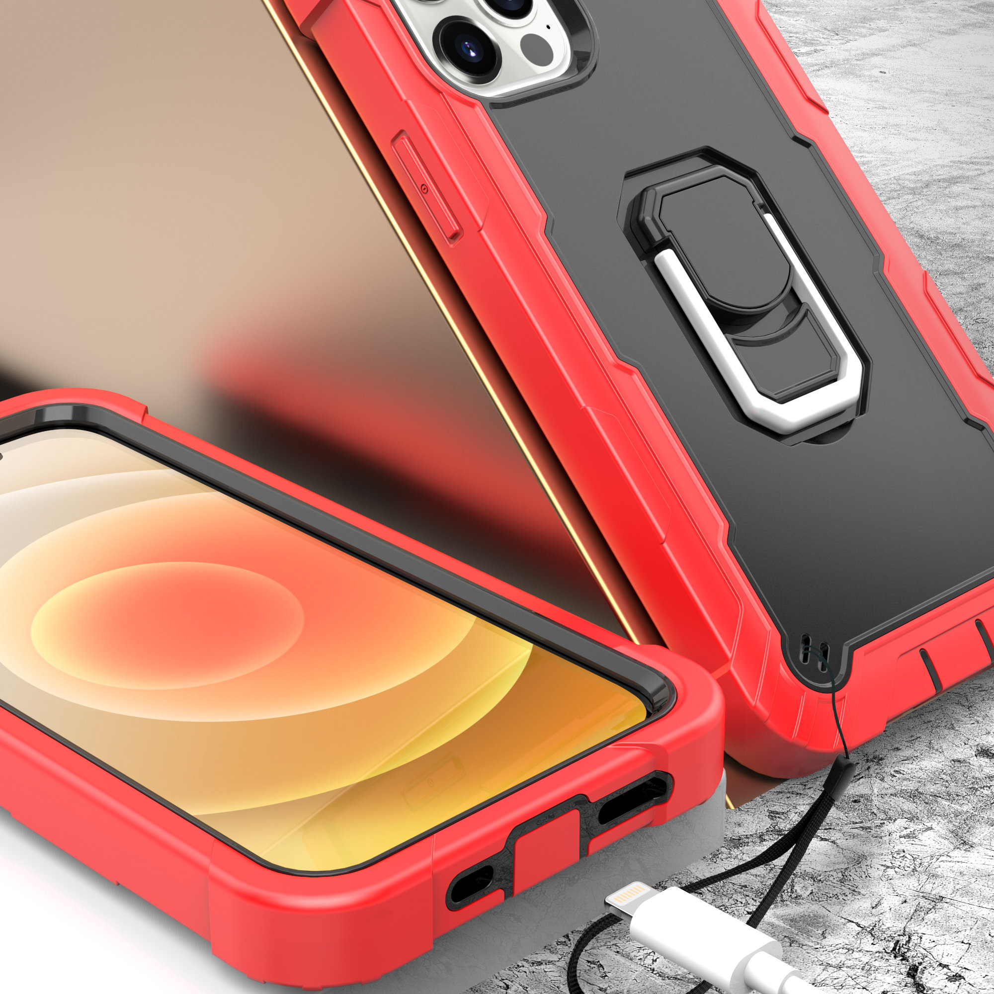 HD Accessory Military Grade Shockproof Armor Case with Ring Holder for iPhone 13 Pro - Black Red