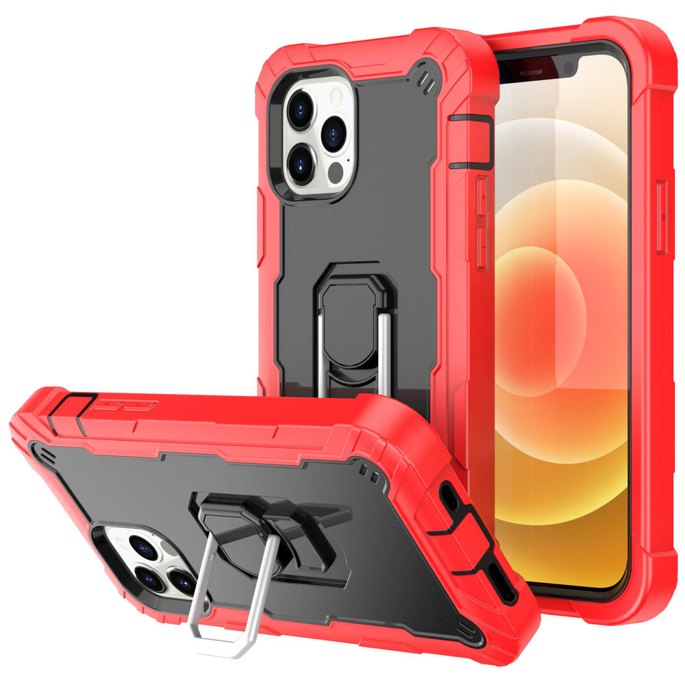 HD Accessory Military Grade Shockproof Armor Case with Ring Holder for iPhone 13 Pro - Black Red