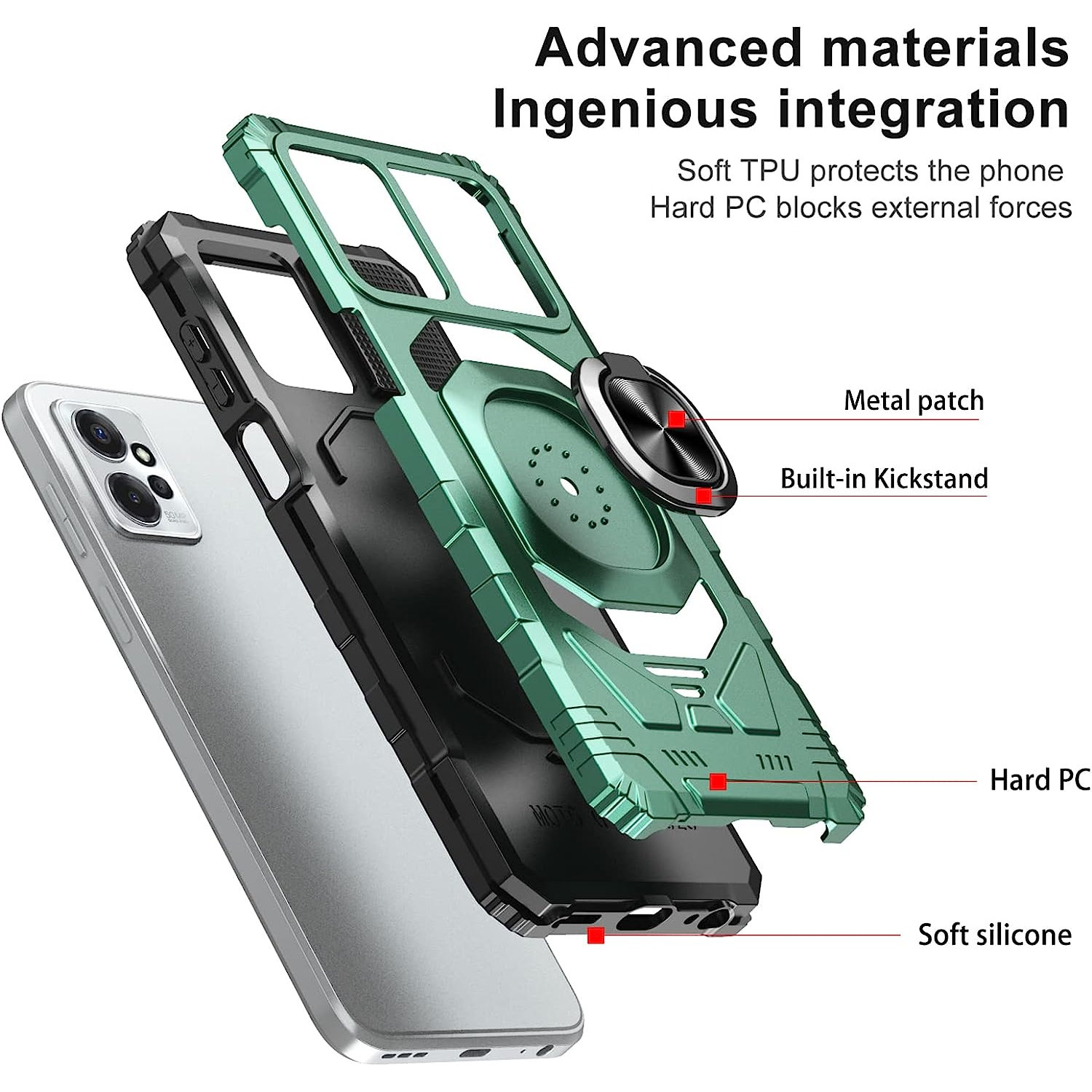 HD Accessory Robotic Series Hybrid Case with Ring Grip for Motorola Moto G 5G 2023 - Green