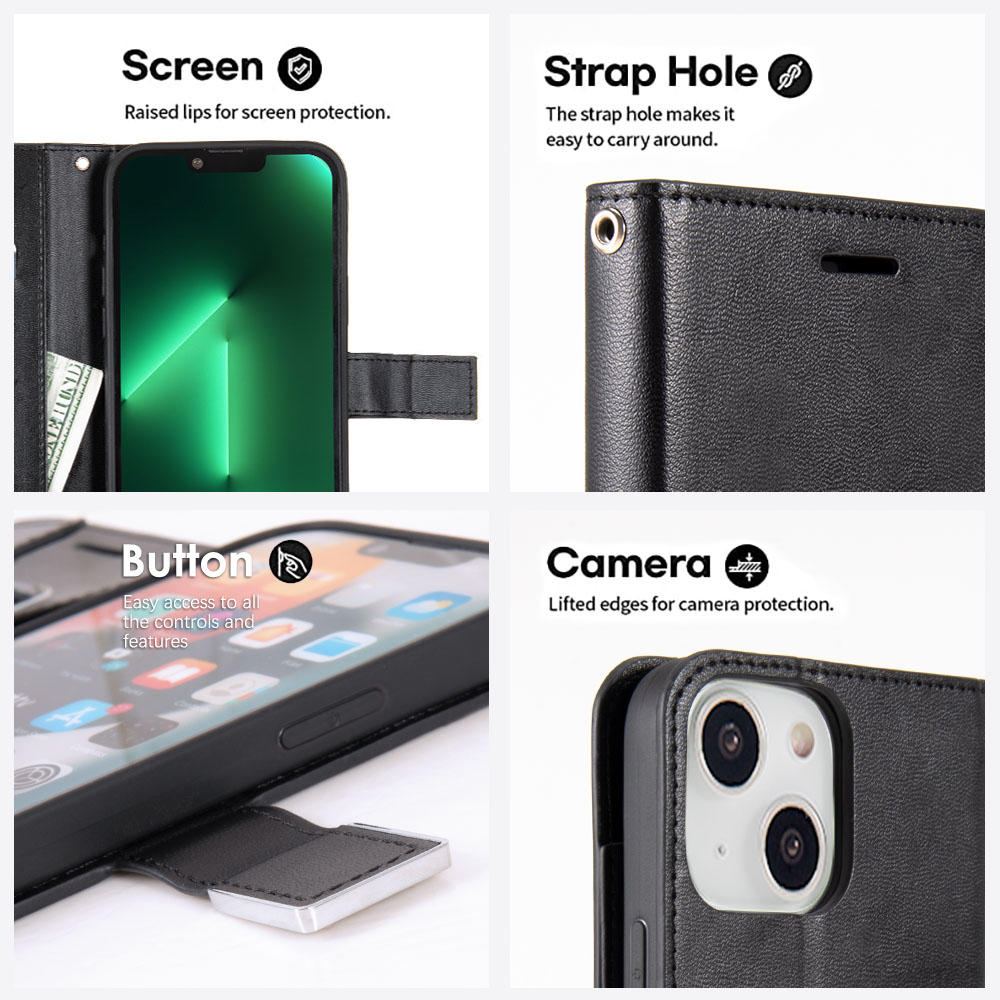 HD Accessory Extra Series Essential Leather Wallet Stand Case for iPhone 15 - Black