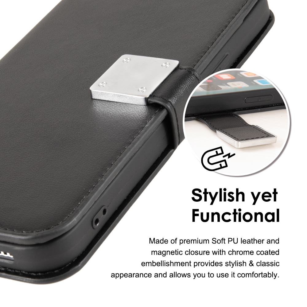HD Accessory Extra Series Essential Leather Wallet Stand Case for iPhone 15 - Black