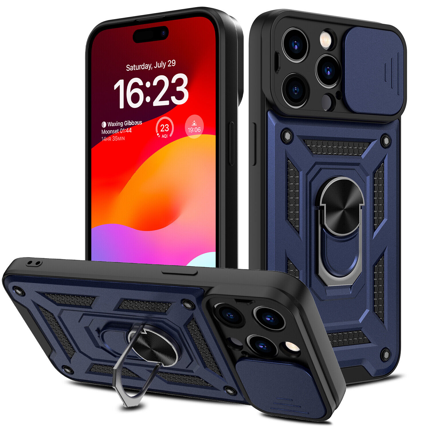 HD Accessory Elite Series Hybrid Case with Ring Grip and Camera Lens Cover for iPhone 15 Pro Max - Blue