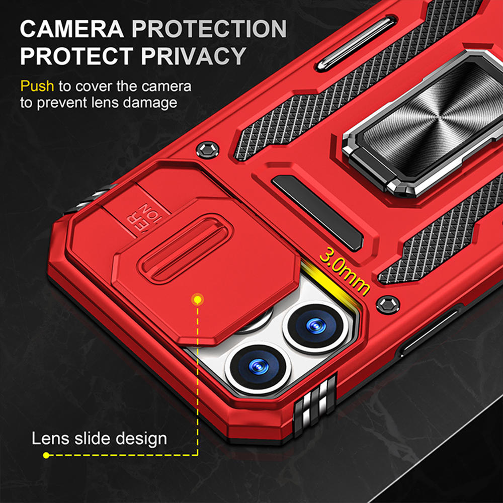 HD Accessory Military Grade Ring Holder Case with Camera Lens Cover for iPhone 15 Pro - Red