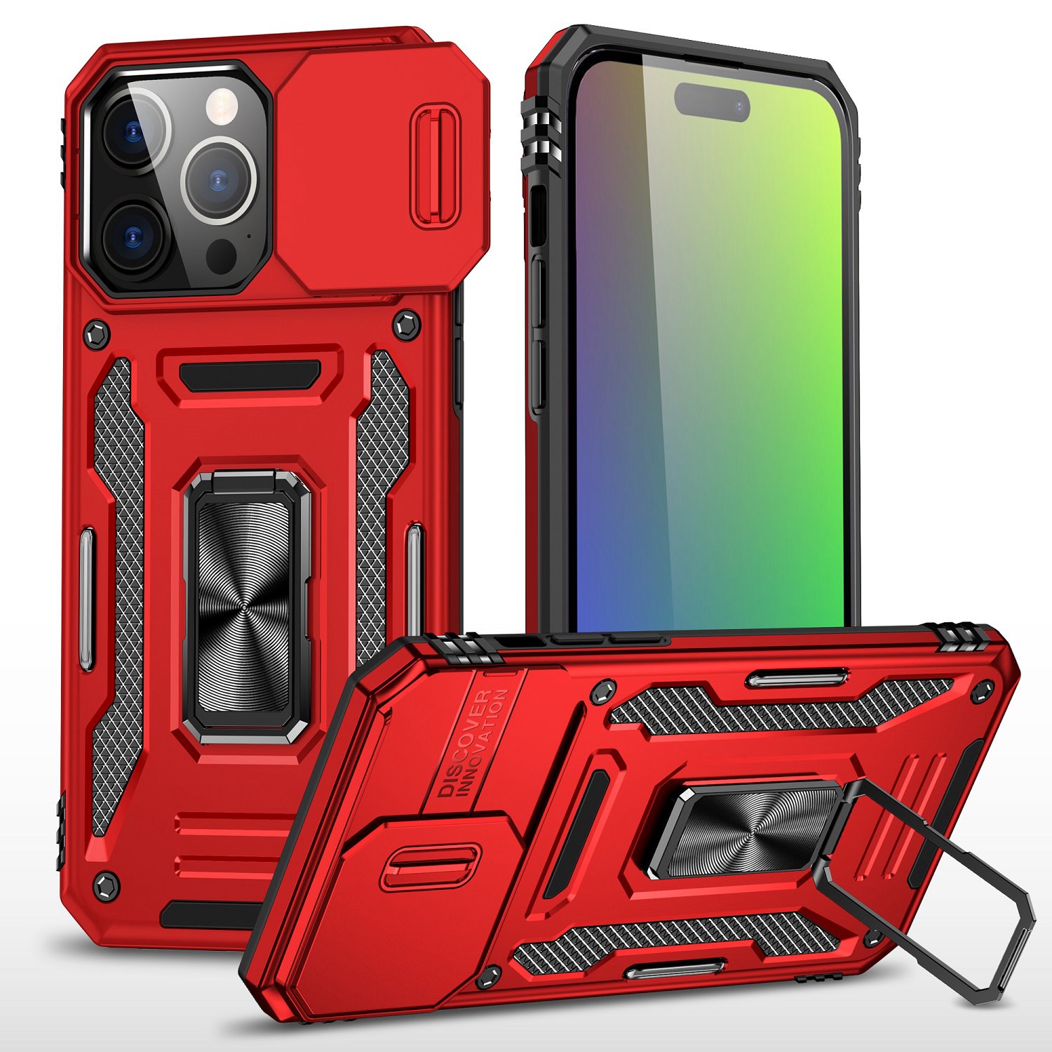 HD Accessory Military Grade Ring Holder Case with Camera Lens Cover for iPhone 15 Pro - Red