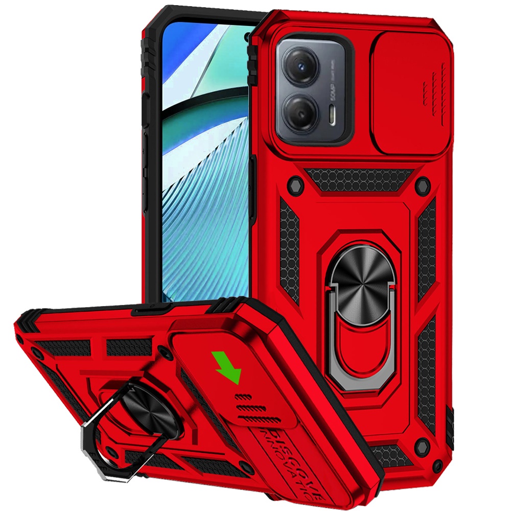 HD Accessory Military Grade Hybrid Case with Ring Grip and Camera Lens Protector for Motorola Moto G Power 5G 2024 - Red