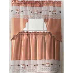 Home Mart Goods Embroidery Kitchen Curtain 3PC Set Swag and 34 inches Long Tiers Set