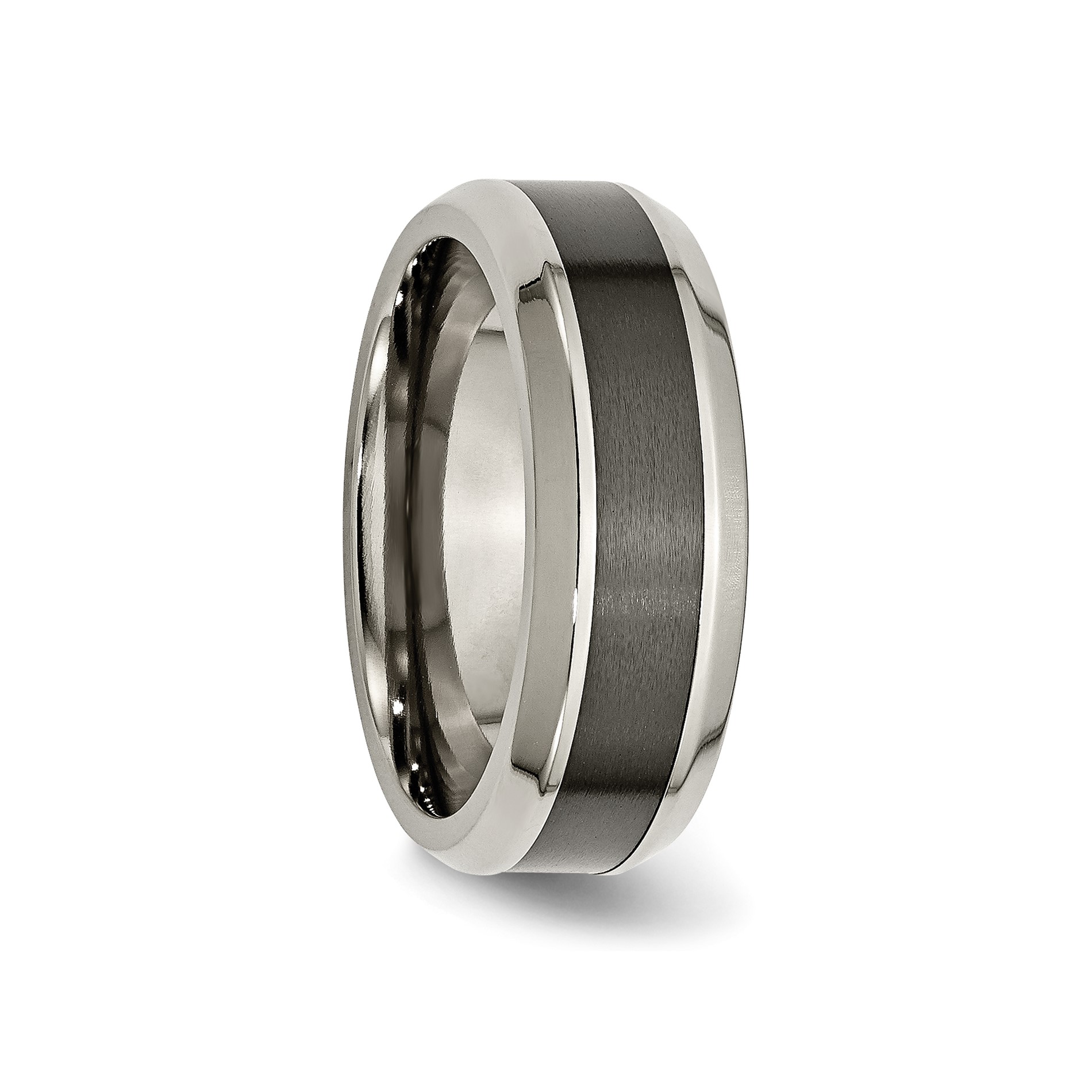 Diamond2Deal Titanium Base Polished Black Ceramic Center Beveled 8mm Band Ring, Size 10.5