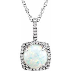 Diamond2Deal Sterling Silver 7 mm Lab Grown White Opal and .015 CTW Natural Diamond Pendant 18" Necklace Fine Jewelry for Women