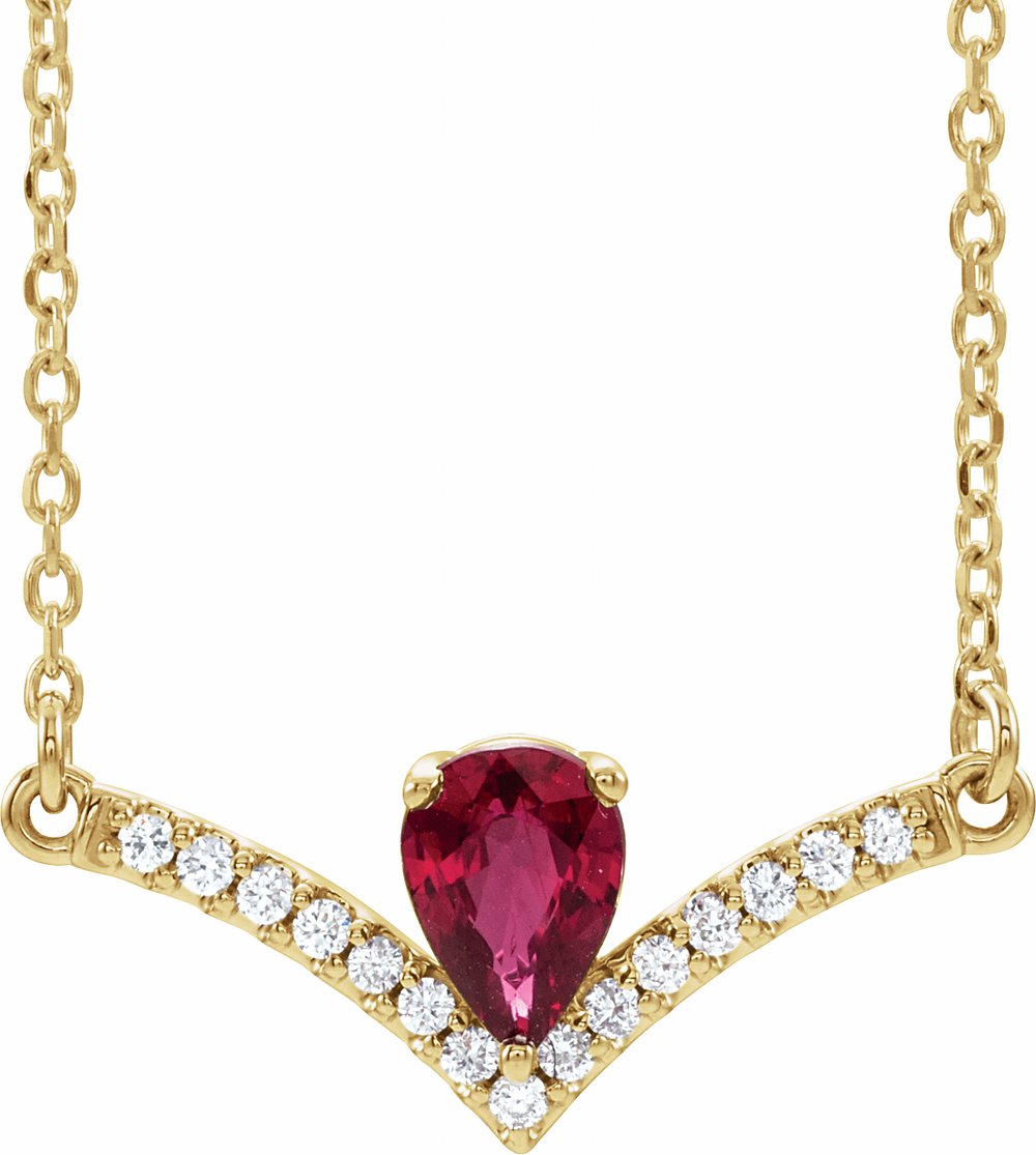 Diamond2Deal 14K Yellow Gold Natural Ruby and .06 CTW Natural Diamond Pendant 16" Necklace Fine Jewelry for Women