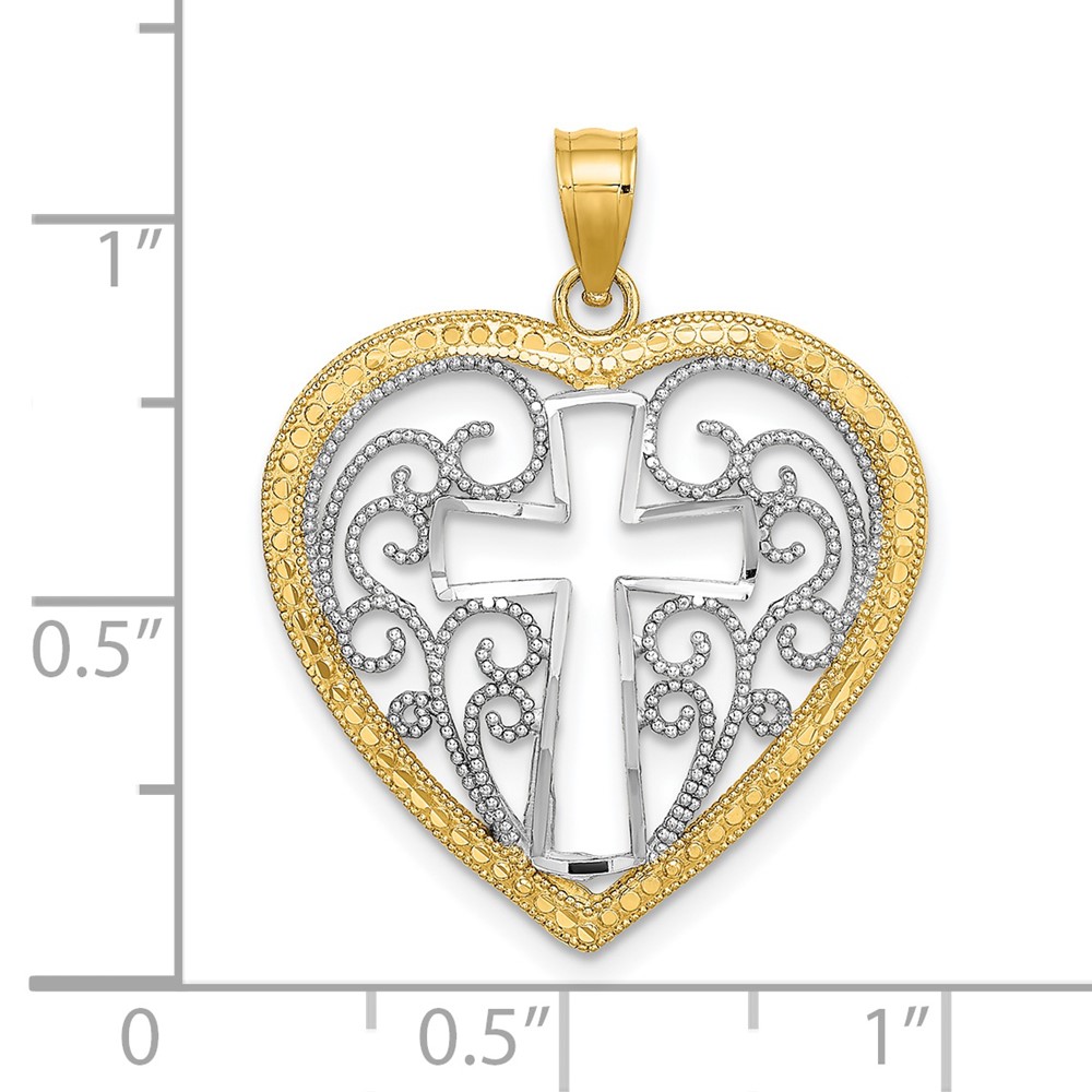 Diamond2Deal 14k Yellow Gold RH Cut-Out and Beaded Filigree Heart with Cross Charm