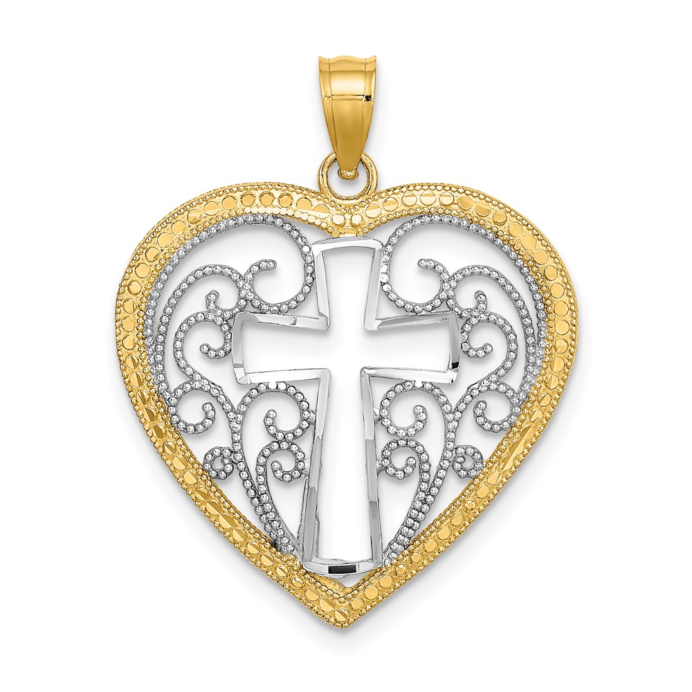 Diamond2Deal 14k Yellow Gold RH Cut-Out and Beaded Filigree Heart with Cross Charm