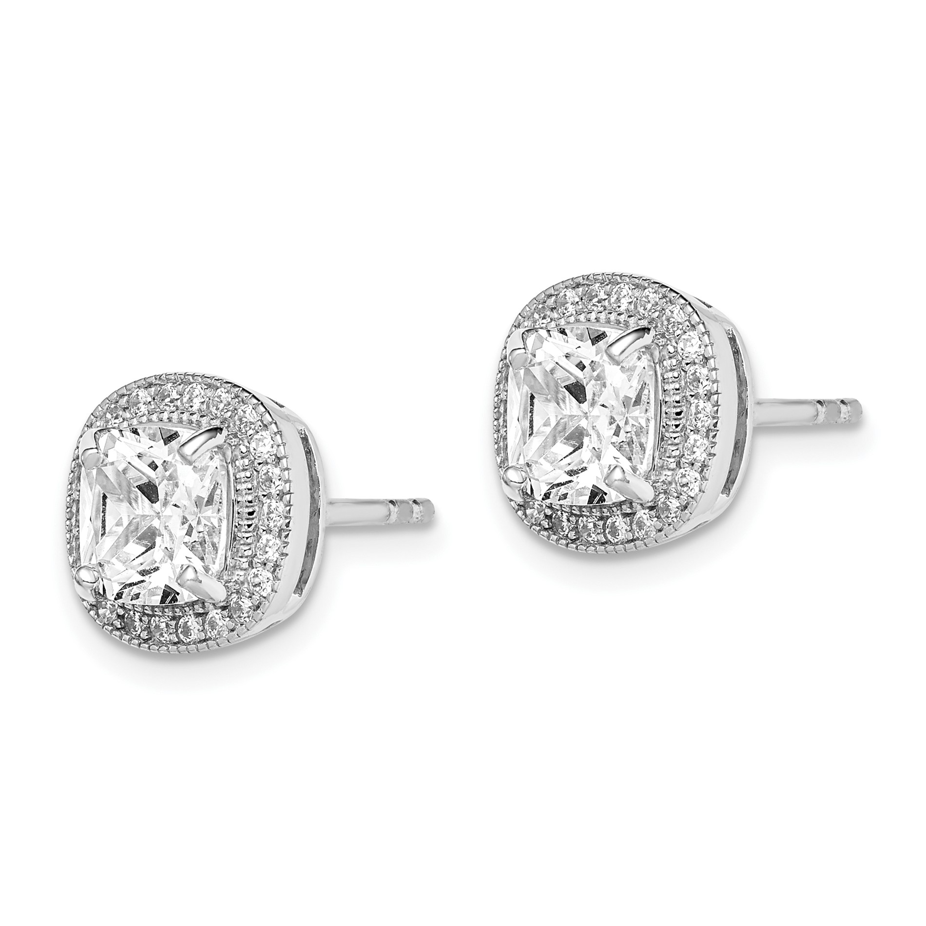 Diamond2Deal 925 Sterling Silver Rhodium-plated Polished and Textured 6mm Cubic Zirconia Halo Stud Earrings