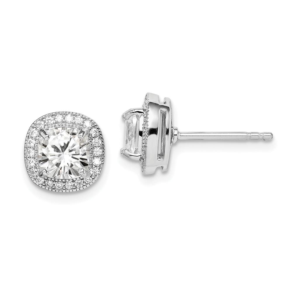 Diamond2Deal 925 Sterling Silver Rhodium-plated Polished and Textured 6mm Cubic Zirconia Halo Stud Earrings