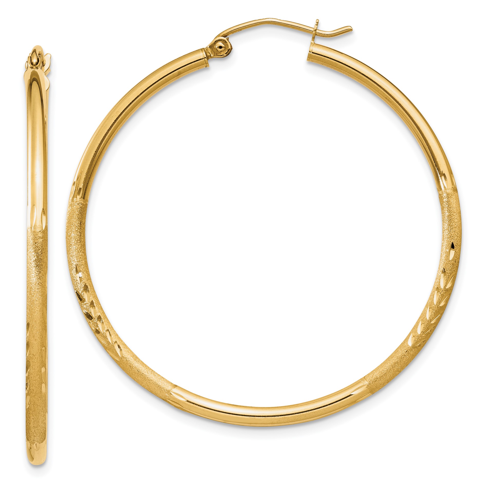 Diamond2Deal 14k Yellow Gold Satin and Diamond-cut 2mm Round Tube Hoop Earrings for Women