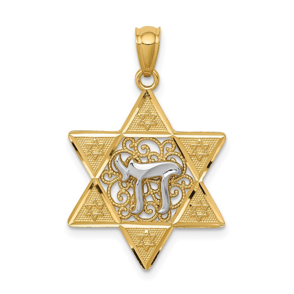 Diamond2Deal 14K Two-Tone Gold Polished Star Of David with Chai Pendant for Women