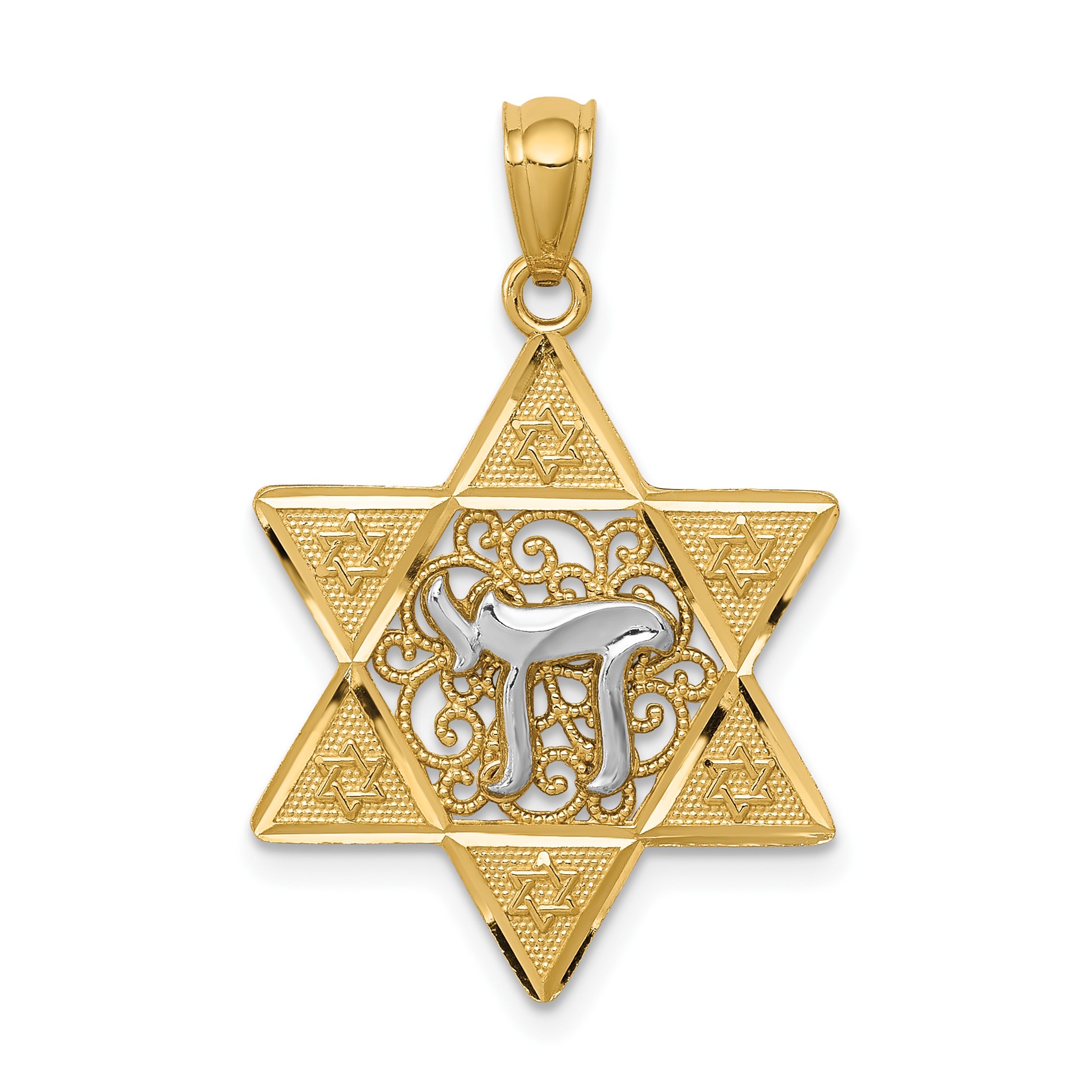 Diamond2Deal 14K Two-Tone Gold Polished Star Of David with Chai Pendant Necklace for Women