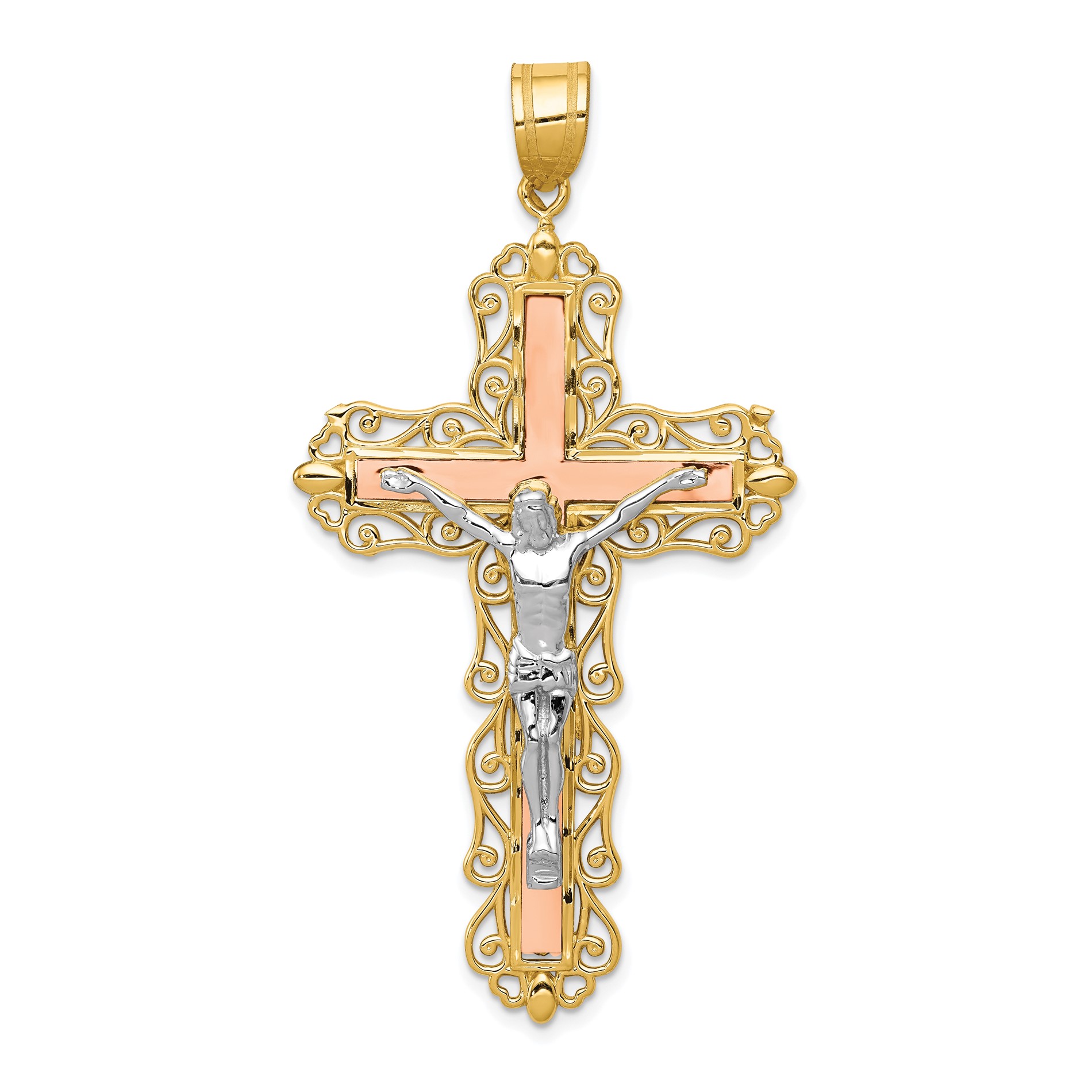 Diamond2Deal 14k Yellow Gold Tri-color Diamond-cut Crucifix Cross Pendant For Women