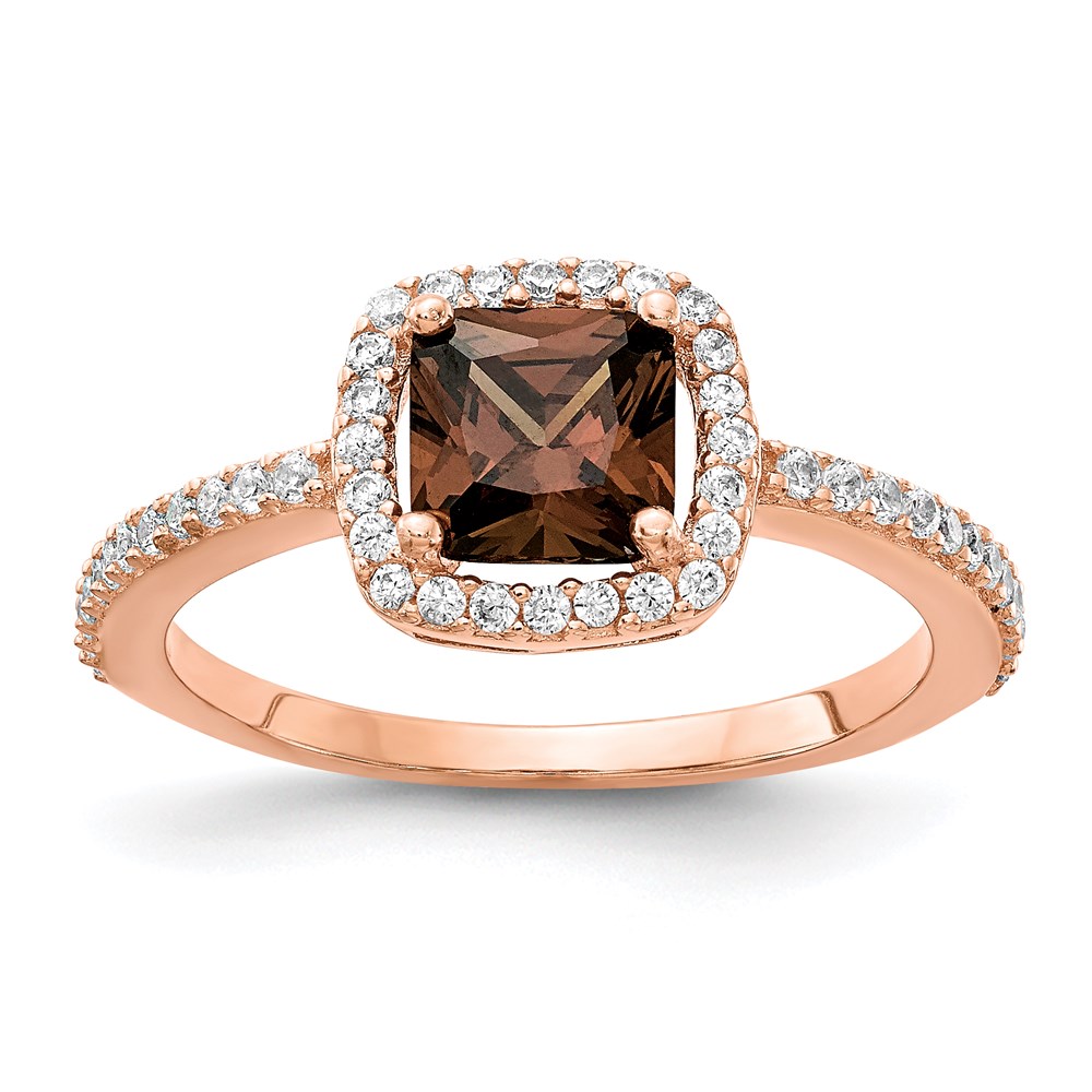 Diamond2Deal Cheryl M Sterling Silver Rose Gold-plated Cocoa Cushion-cut and White Brilliant-cut CZ Halo Ring