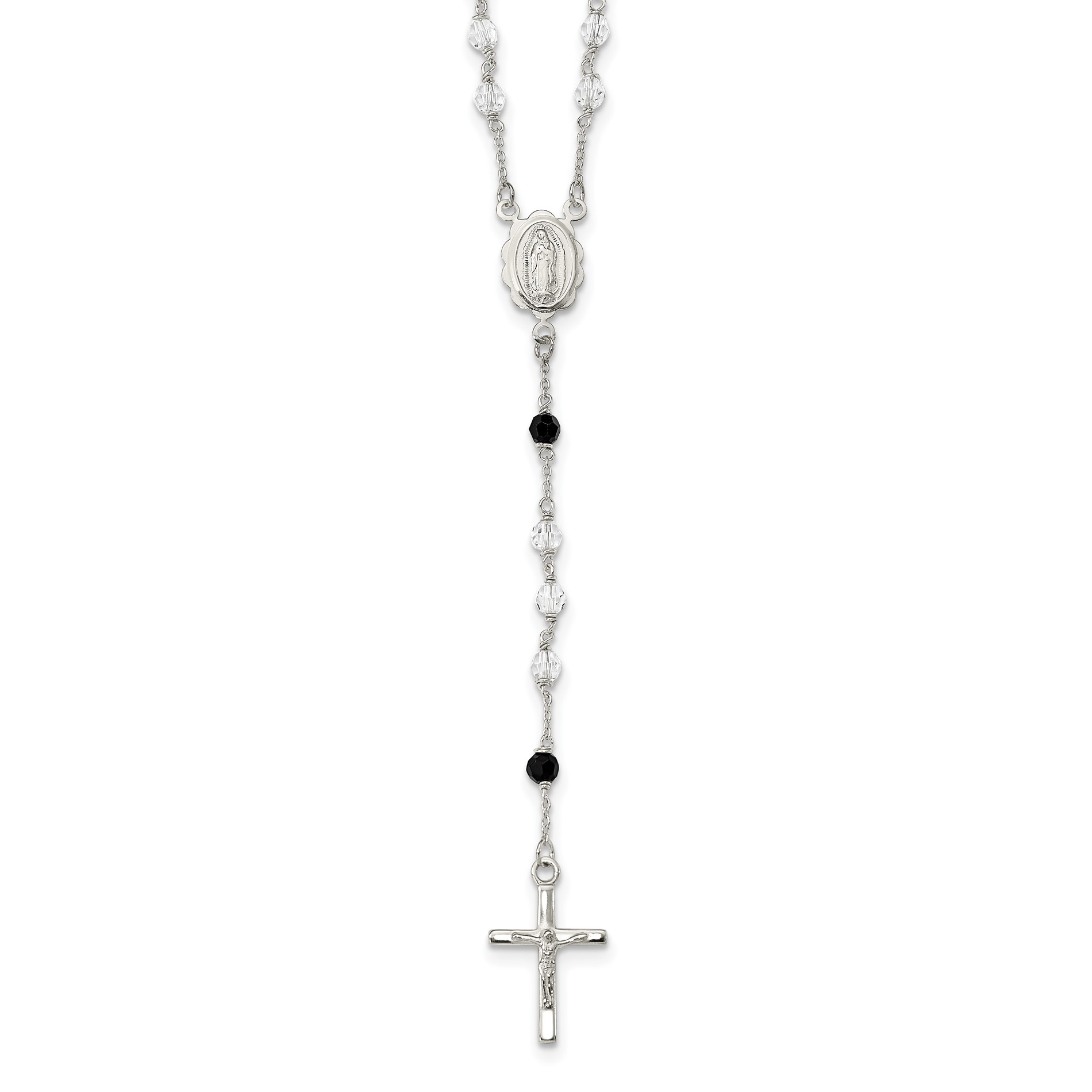 Diamond2Deal 925 Sterling Silver Polished Black Crystal Rosary Necklace 23.5 Inch