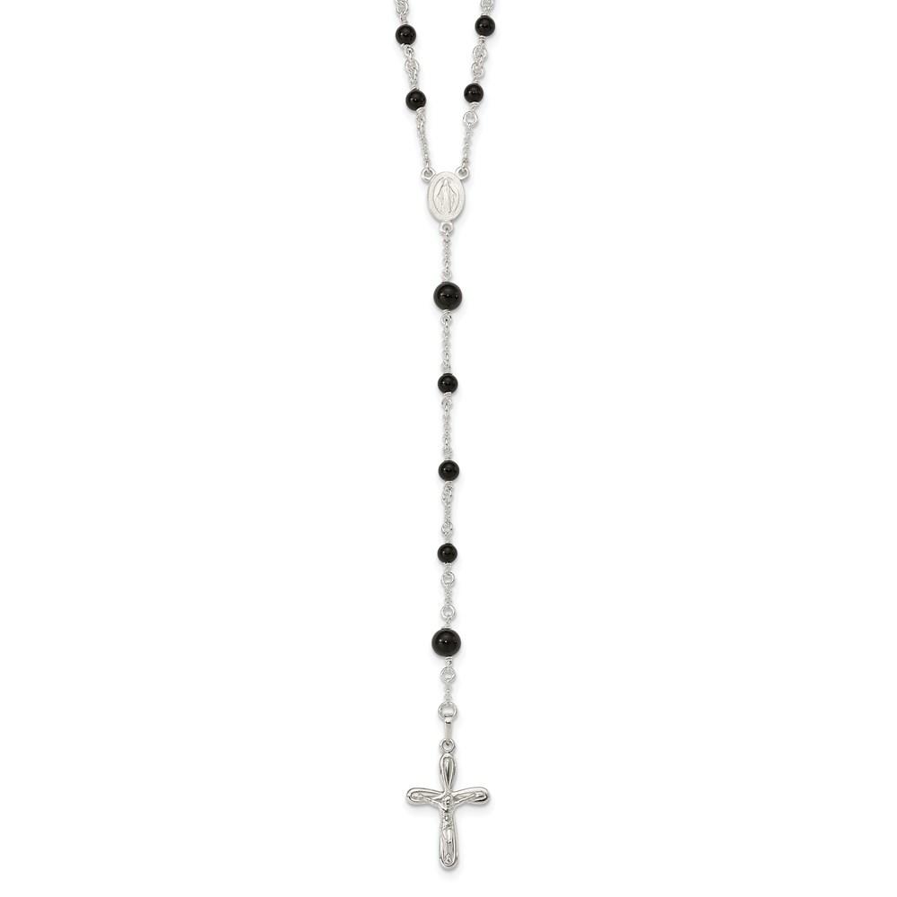 Diamond2Deal 925 Sterling Silver Polished Black Onyx Rosary Necklace 33 inch