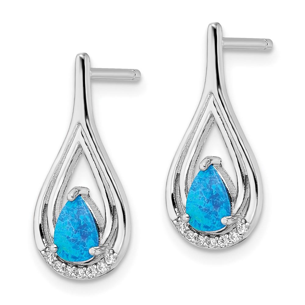 Diamond2Deal Sterling Silver RH-plated Pear Shape Blue Created Opal Cubic Zirconia Stud Earrings Gift for Women