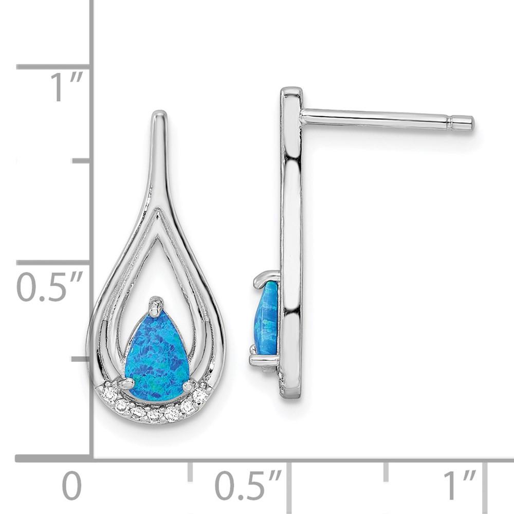 Diamond2Deal Sterling Silver RH-plated Pear Shape Blue Created Opal Cubic Zirconia Stud Earrings Gift for Women
