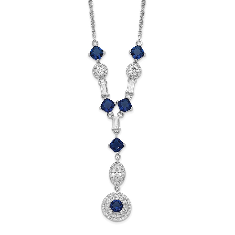 Diamond2Deal Sterling Silver Rhodium-plated Cushion-cut Blue Glass and Brilliant-/Baguette-cut White CZ Fancy Dangle Y-Drop 18 Inch Necklace