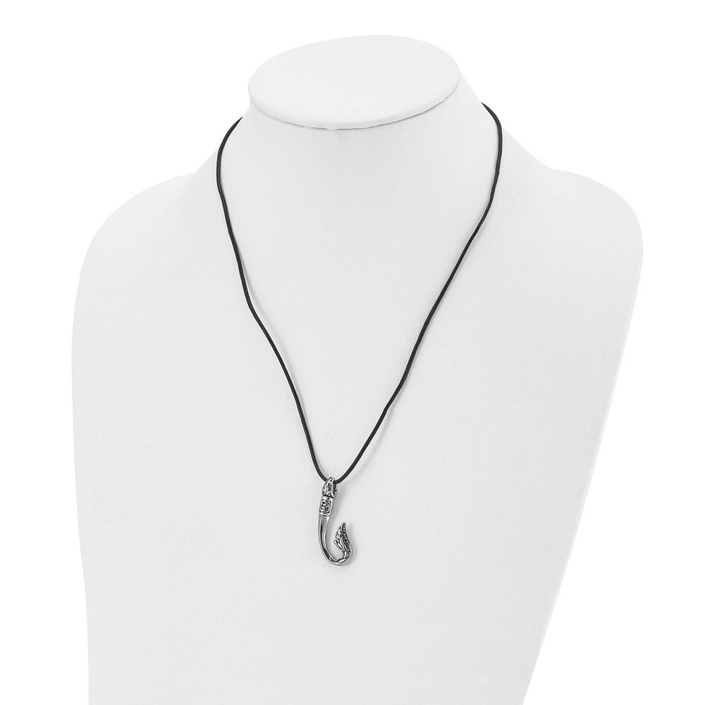 Diamond2Deal Stainless Steel Antiqued and Polished Hook Pendant on a 20 inch Black Leather Cord Necklace