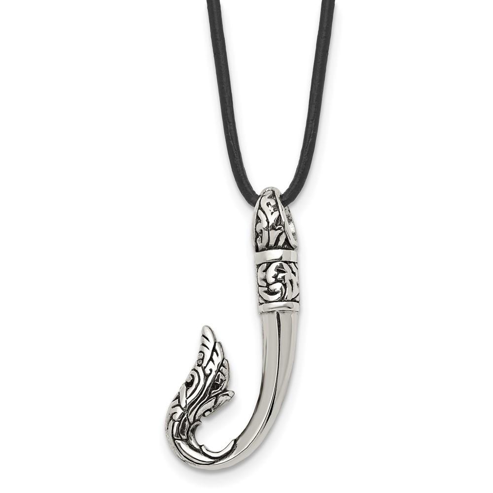 Diamond2Deal Stainless Steel Antiqued and Polished Hook Pendant on a 20 inch Black Leather Cord Necklace