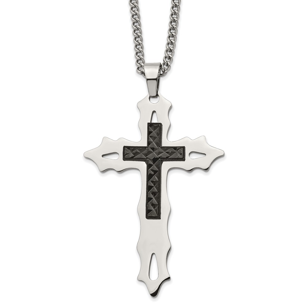 Diamond2Deal Stainless Steel Polished Diamond Cut Black IP-plated Cross Pendant on a 24 inch Curb Chain Necklace