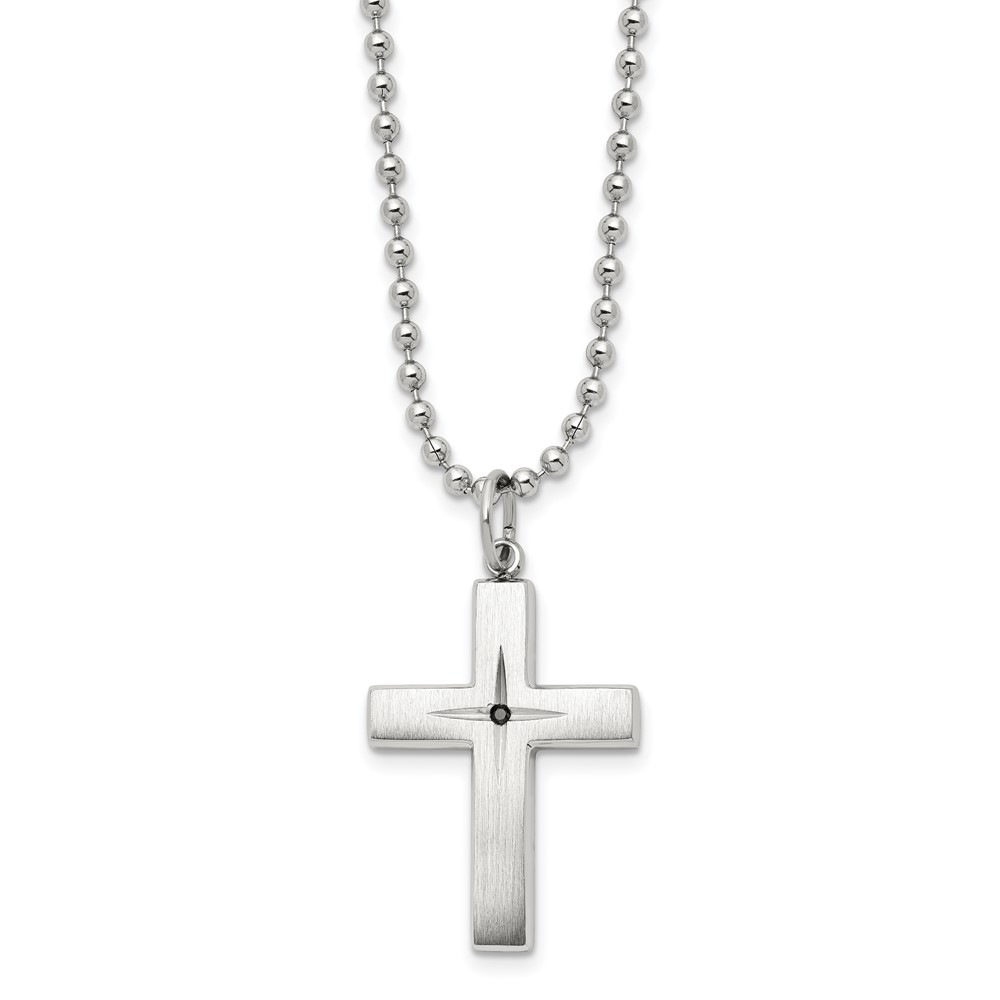 Diamond2Deal Stainless Steel Brushed and Polished 0.015 carat Black Diamond Cross Pendant on a 24 inch Ball Chain Necklace