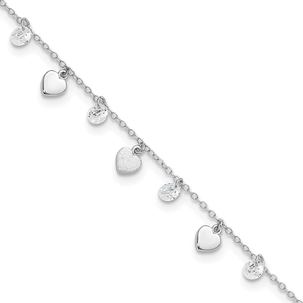 Diamond2Deal Sterling Silver RH-plated Polish and Brushed Heart CZ 8.75in Plus 1inExt An