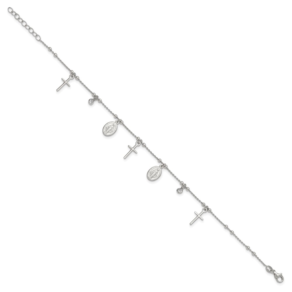 Diamond2Deal Sterling Silver Rhodium-plated CZ Cross and Mary Charm 9in w/1in ext Anklet