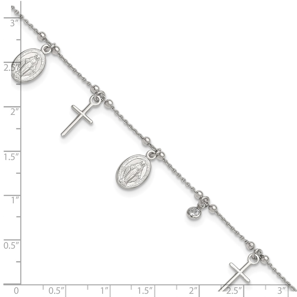 Diamond2Deal Sterling Silver Rhodium-plated CZ Cross and Mary Charm 9in w/1in ext Anklet