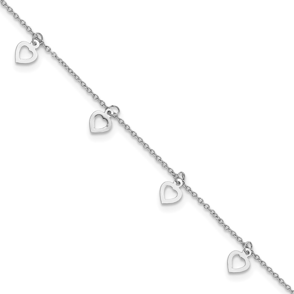 Diamond2Deal Sterling Silver Rhodium-plated Polished Heart 9.5 in "W/1in" extender Chain Anklet