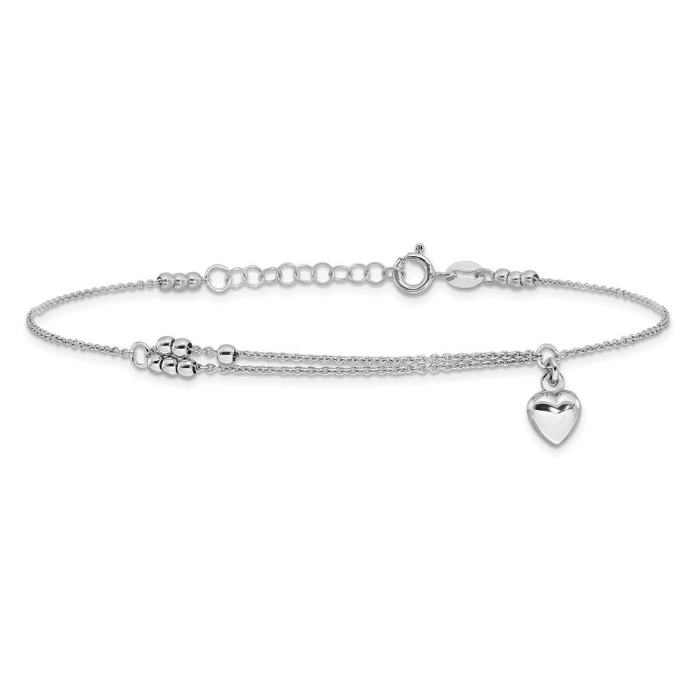 Diamond2Deal Sterling Silver Rhodium-plated Beads and Heart 9in "W/1in" extender Chain Anklet
