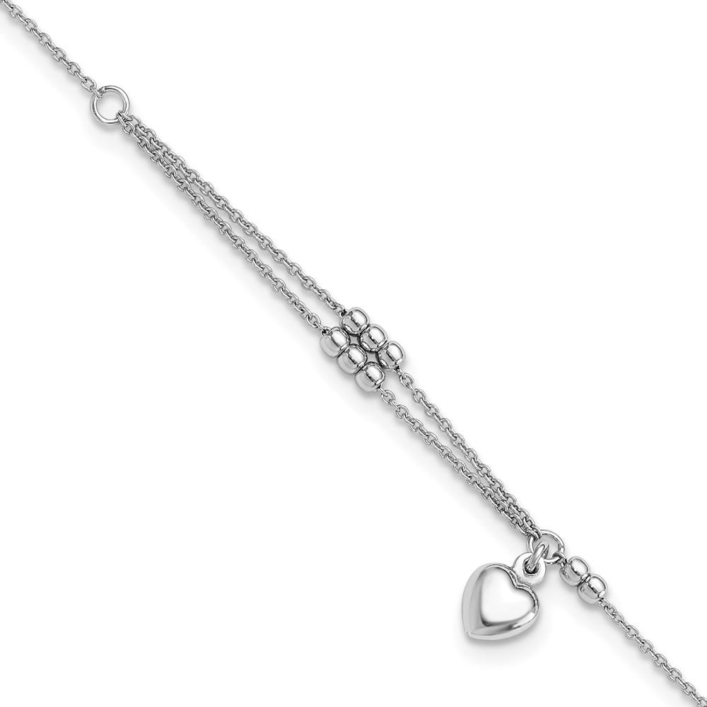 Diamond2Deal Sterling Silver Rhodium-plated Beads and Heart 9in "W/1in" extender Chain Anklet