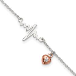 Diamond2Deal Sterling Silver Rose Tone CZ Heart and Heartbeat 9in "W/1in" extender Chain Anklet