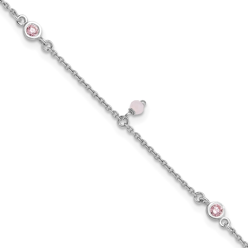 Diamond2Deal Sterling Silver Rhod-plated Pink CZ/Glass Beads 9in "W/1in" extender Chain Anklet