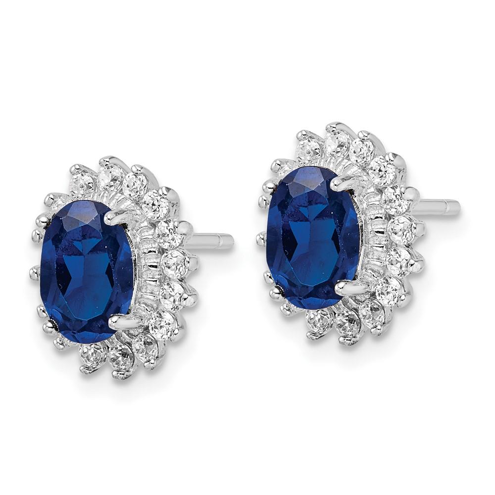 Diamond2Deal Sterling Silver Rhodium-plt Brilliant-cut Lab Dark Blue Spinel and Brilliant-cut White CZ Oval Halo Post Earrings