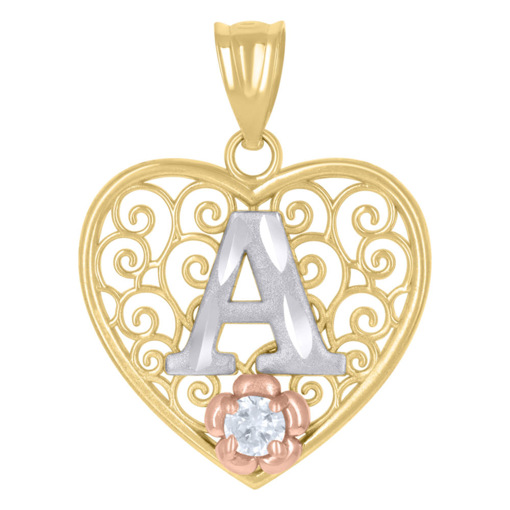Diamond2Deal 10k Tri-Color Gold Cubic Zirconia Filigree Heart Initial A Charm Pendant for Women