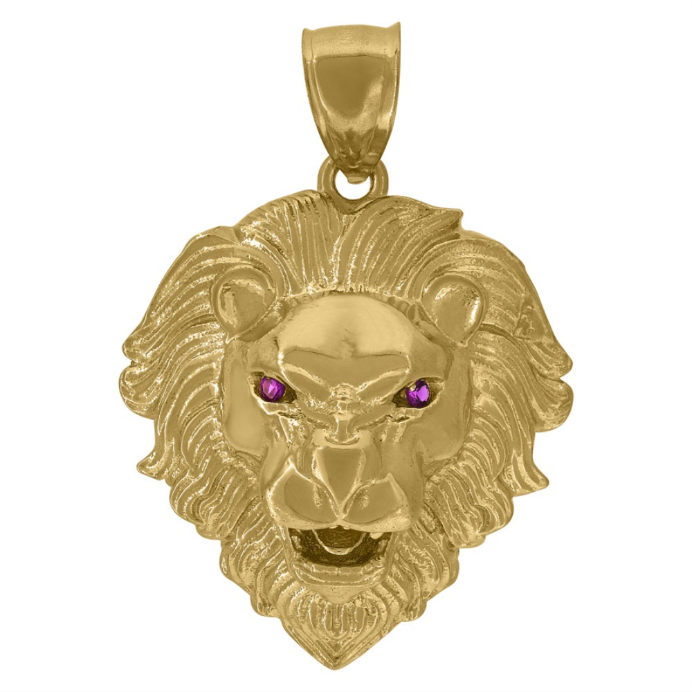 Diamond2Deal 10K Yellow Gold Purple Cubic Zirconia Zodiac Sign Leo Lion Head Charm Pendant for Mens