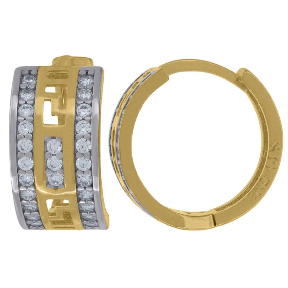 Diamond2Deal 14k Two-Tone Gold Cubic Zirconia Greek Key Huggie Hoop Earrings For Women