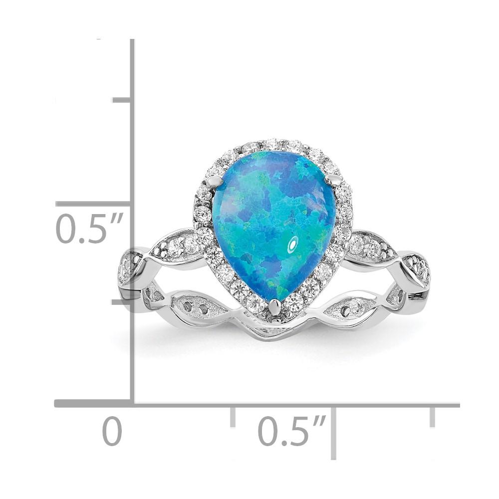 Diamond2Deal 925 Sterling Silver Rhodium-plated Lab Created Blue Pear Shaped Opal and Clear Cubic Zirconia Ring for Women