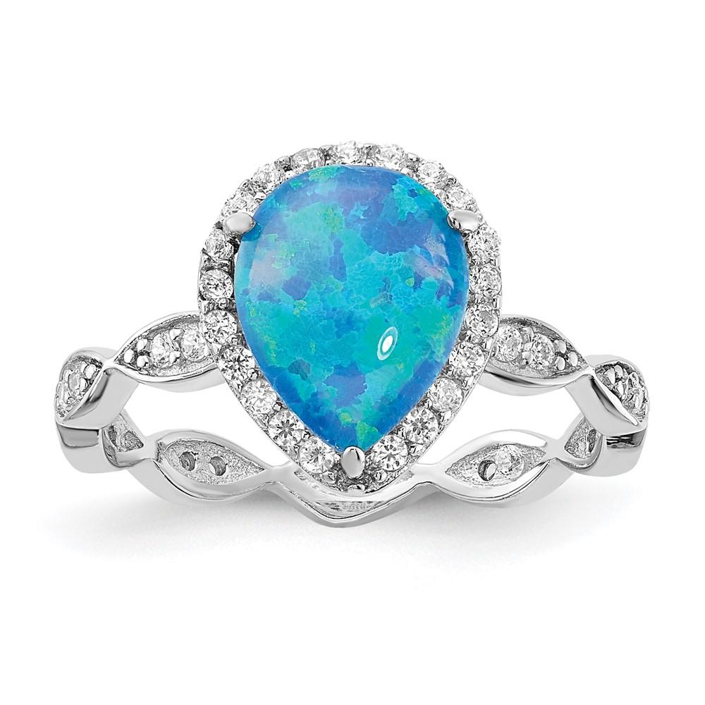 Diamond2Deal 925 Sterling Silver Rhodium-plated Lab Created Blue Pear Shaped Opal and Clear Cubic Zirconia Ring for Women