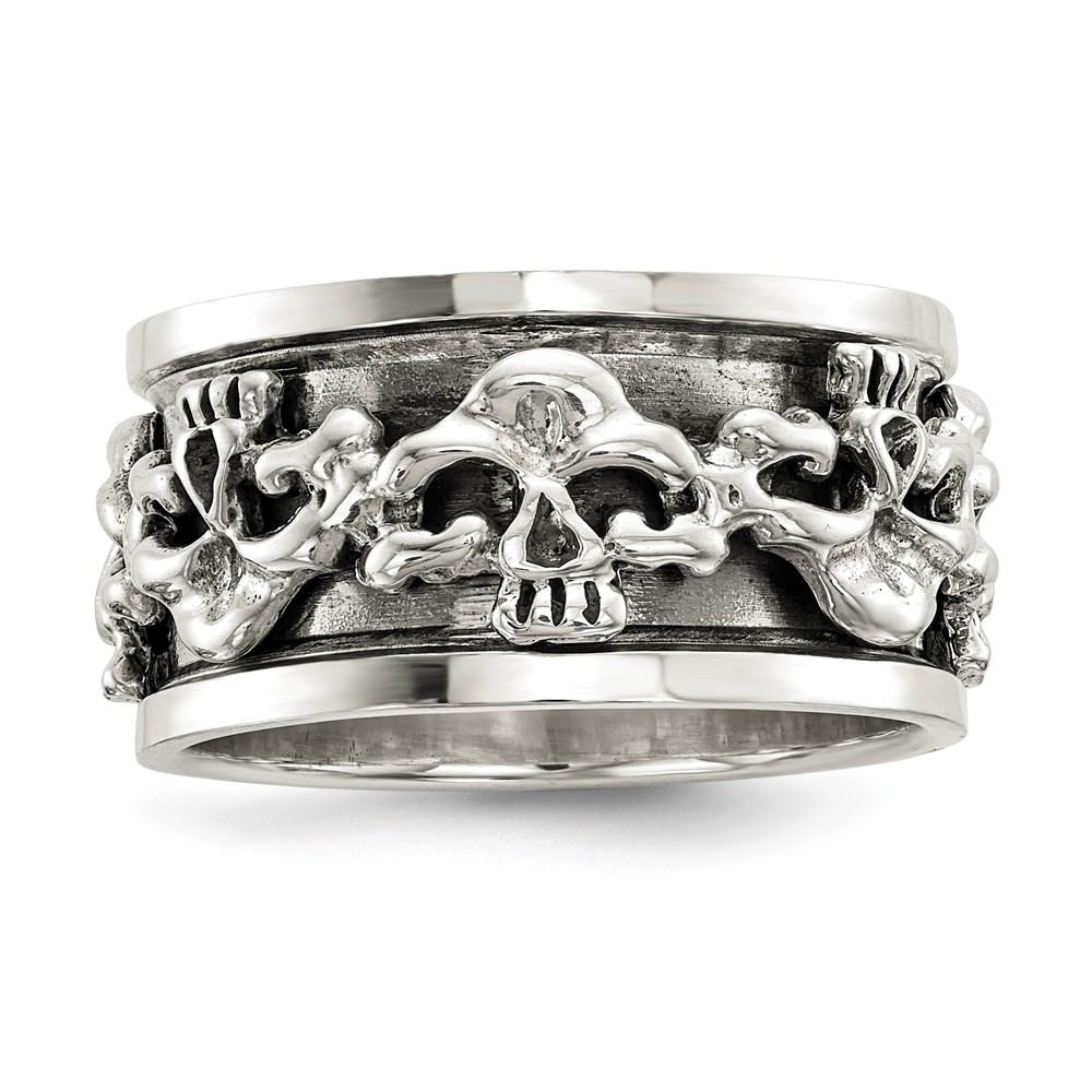 Diamond2Deal 925 Sterling Silver Polished Spinning Center Antiqued Skull Ring for mens