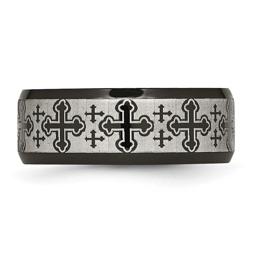 Diamond2Deal Stainless Steel Brushed/Polished Black IP Laser Etched Crosses 8mm Band