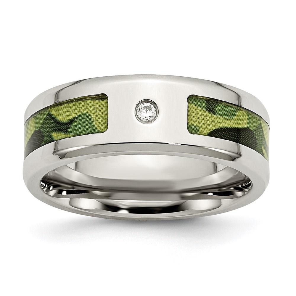 Diamond2Deal Stainless Steel Polished with CZ Printed Green Camo Under Rubber 8mm Band