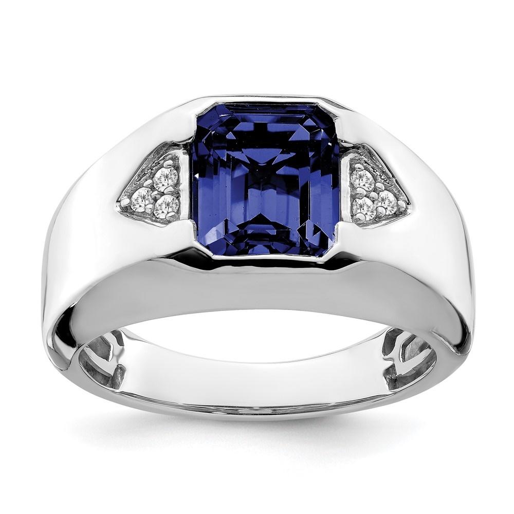 Diamond2Deal 14k White Gold Emerald-cut Created Sapphire and Diamond Mens Ring Gift for Women